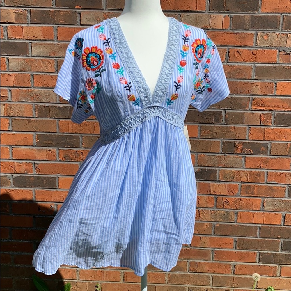 Altar'd State Light Blue Embroidered V-Neck Mini Dress